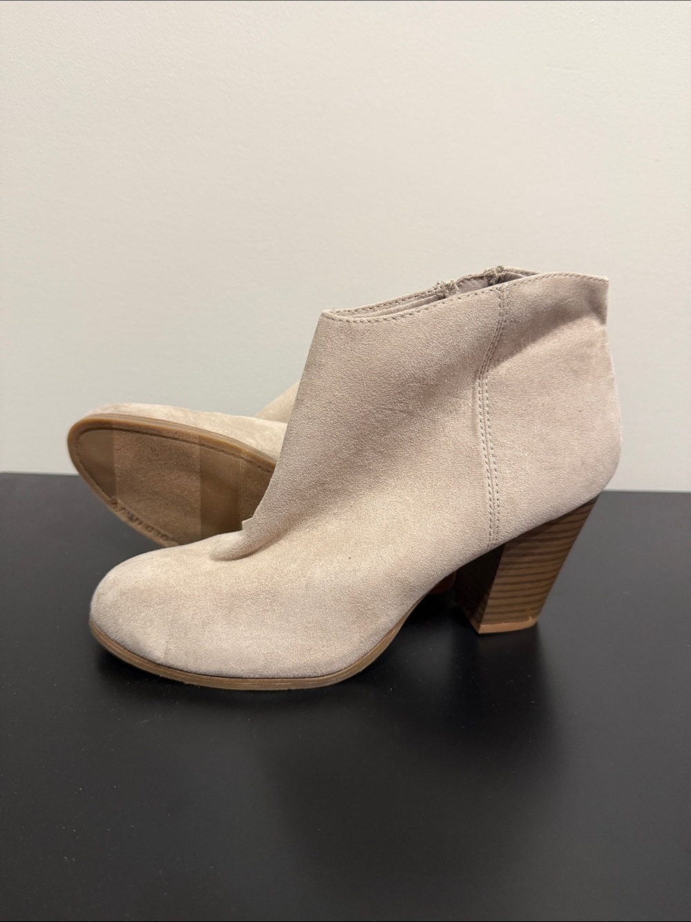 Old Navy Beige Suede Ankle Booties with Stacked Heel